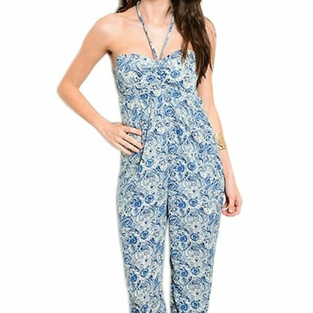 Parvenue Blue White‎ Floral Paisley Jumpsuit
